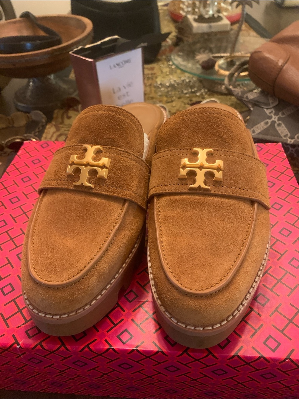 Tory Burch Men's Suede Loafers in Camel Brown with Gold Logo